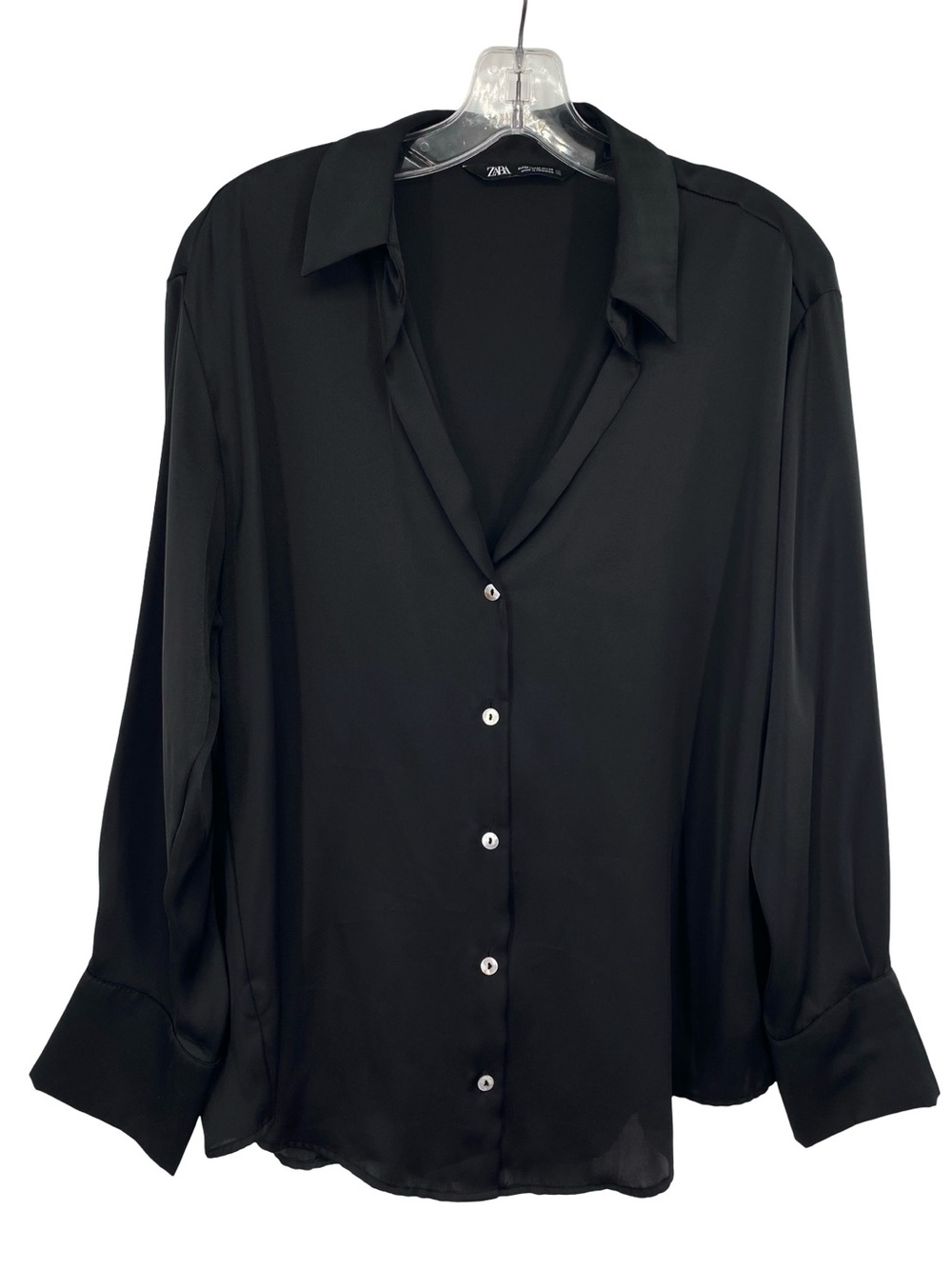 Zara Black Satin Button Down V Neck Blouse Size Medium - Picture 7 of 9